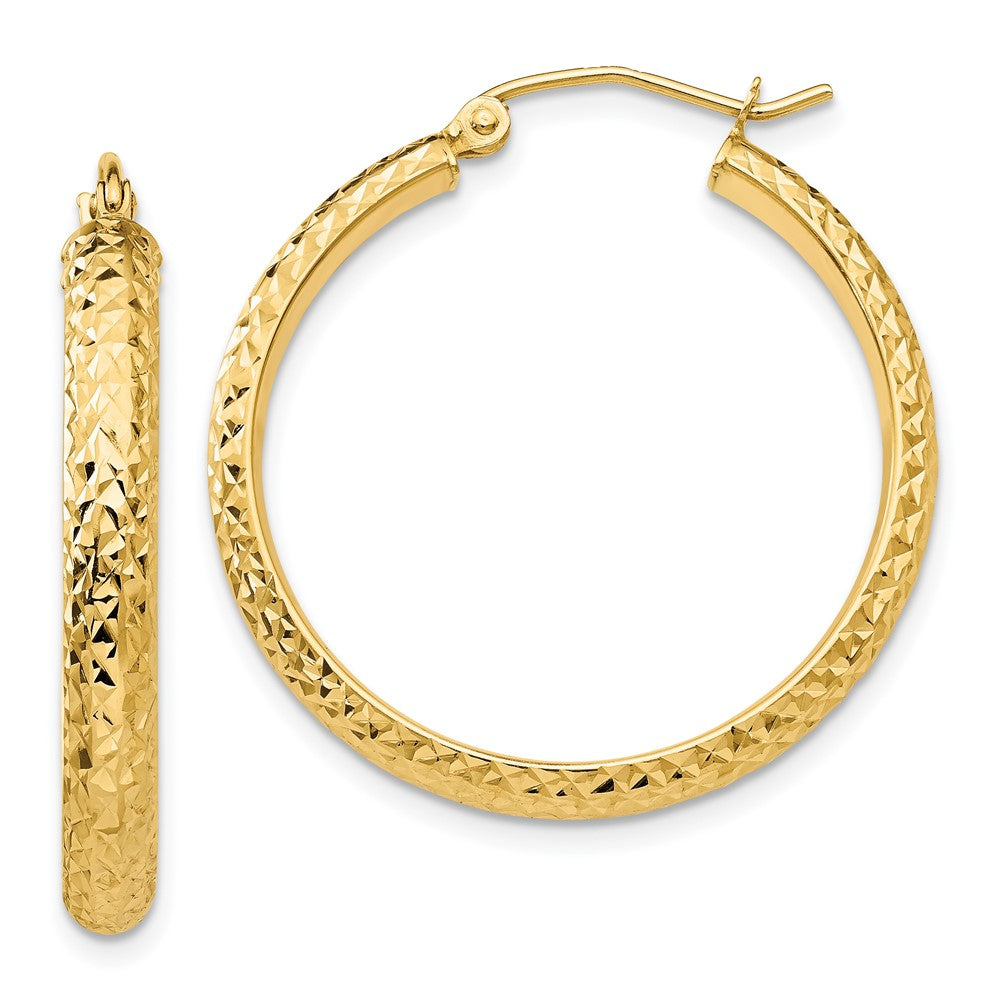 10K Diamond-cut 3.5x28mm Hollow Hoop Earrings