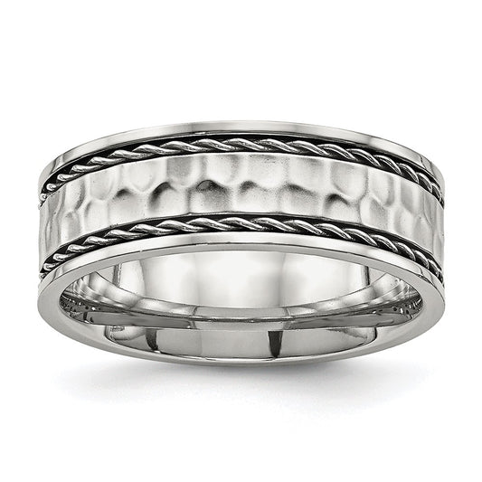 Stainless Steel Polished and Hammered 8mm Comfort Fit Band Size - 8