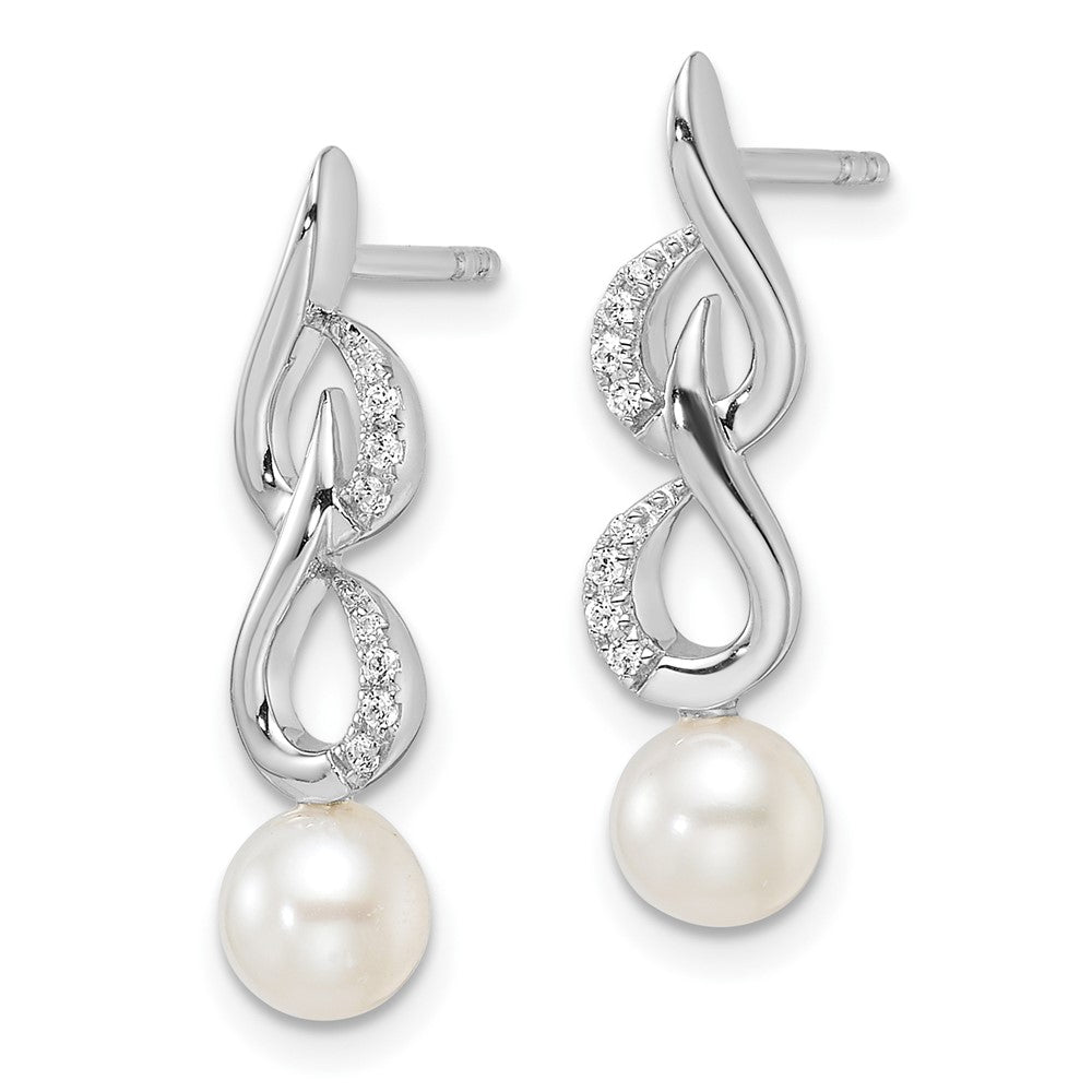 14K White Gold Polished Diamond and Pearl Drop Post Earrings