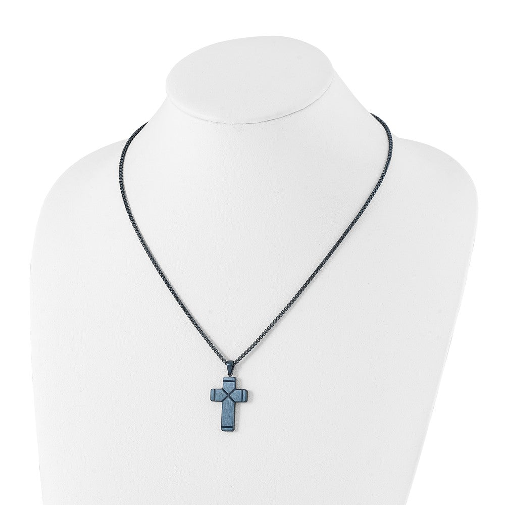 Stainless Steel Brushed and Polished Blue IP Plated Cross 19.75in Necklace