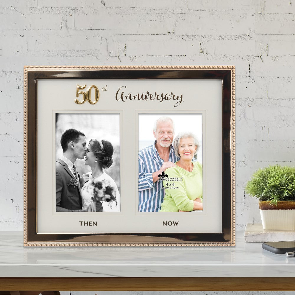 Gold-tone Beaded 50th Anniversary Then and Now Double 4x6 Photo Frame