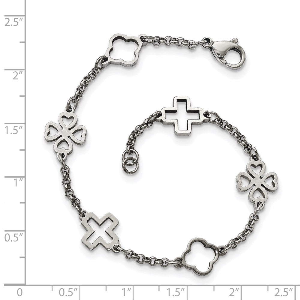 Stainless Steel Polished Cross & Clovers 7.5in Bracelet 7.25 inches