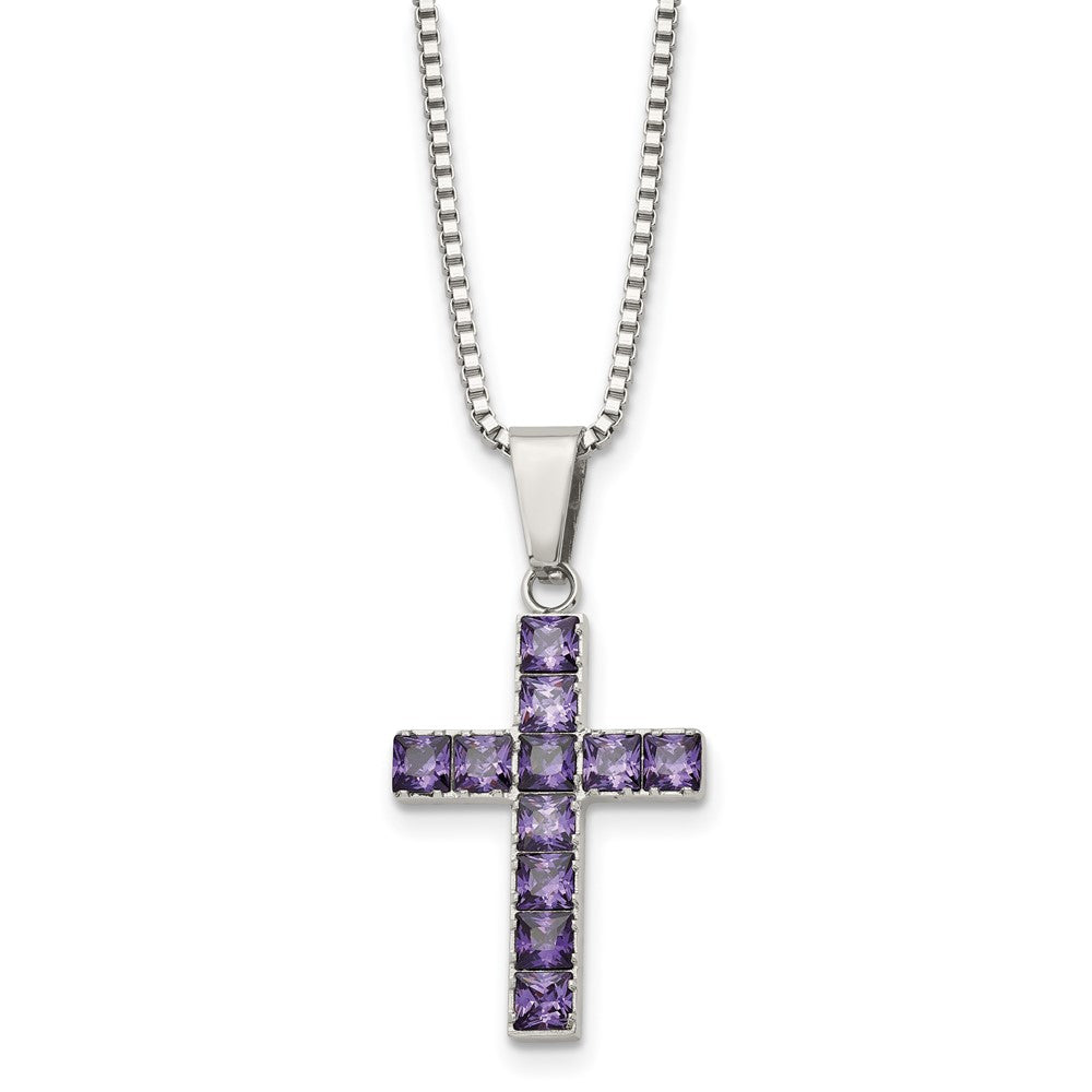 Stainless Steel Polished w/Purple Square CZ Cross 18in Necklace