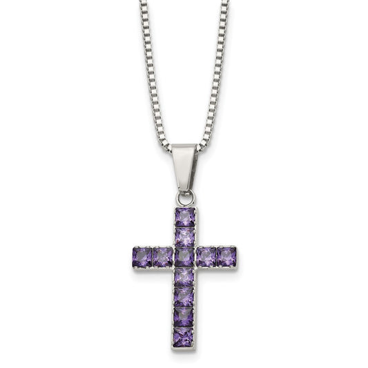 Stainless Steel Polished w/Purple Square CZ Cross 18in Necklace