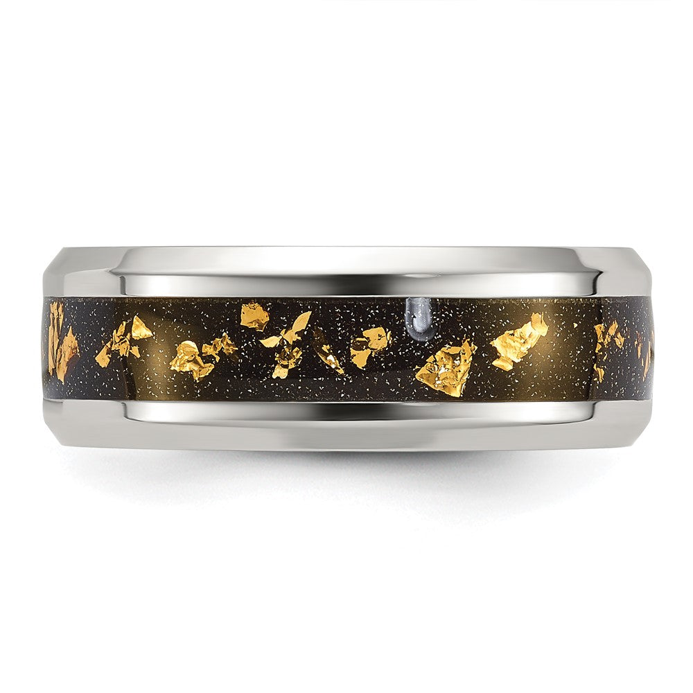 Chisel Stainless Steel Polished with Black and Gold Foil Inlay 8mm Band Size - 9