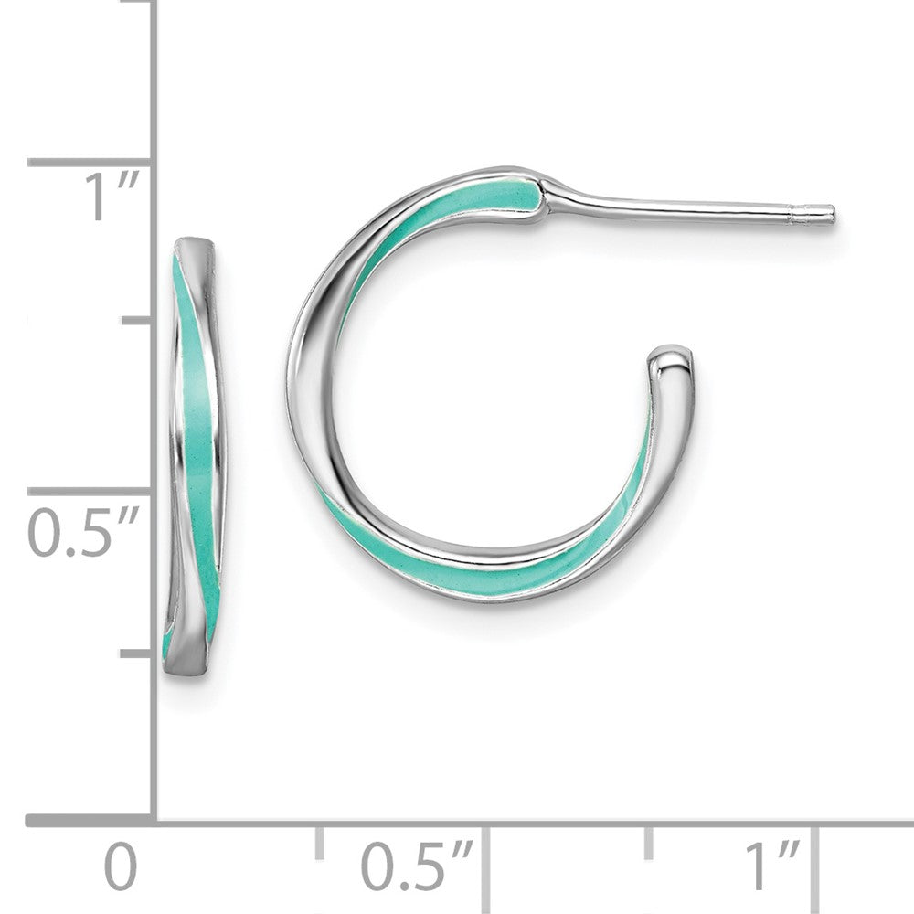 Sterling Silver Rhodium-plated Aqua Enameled Hoop Earrings