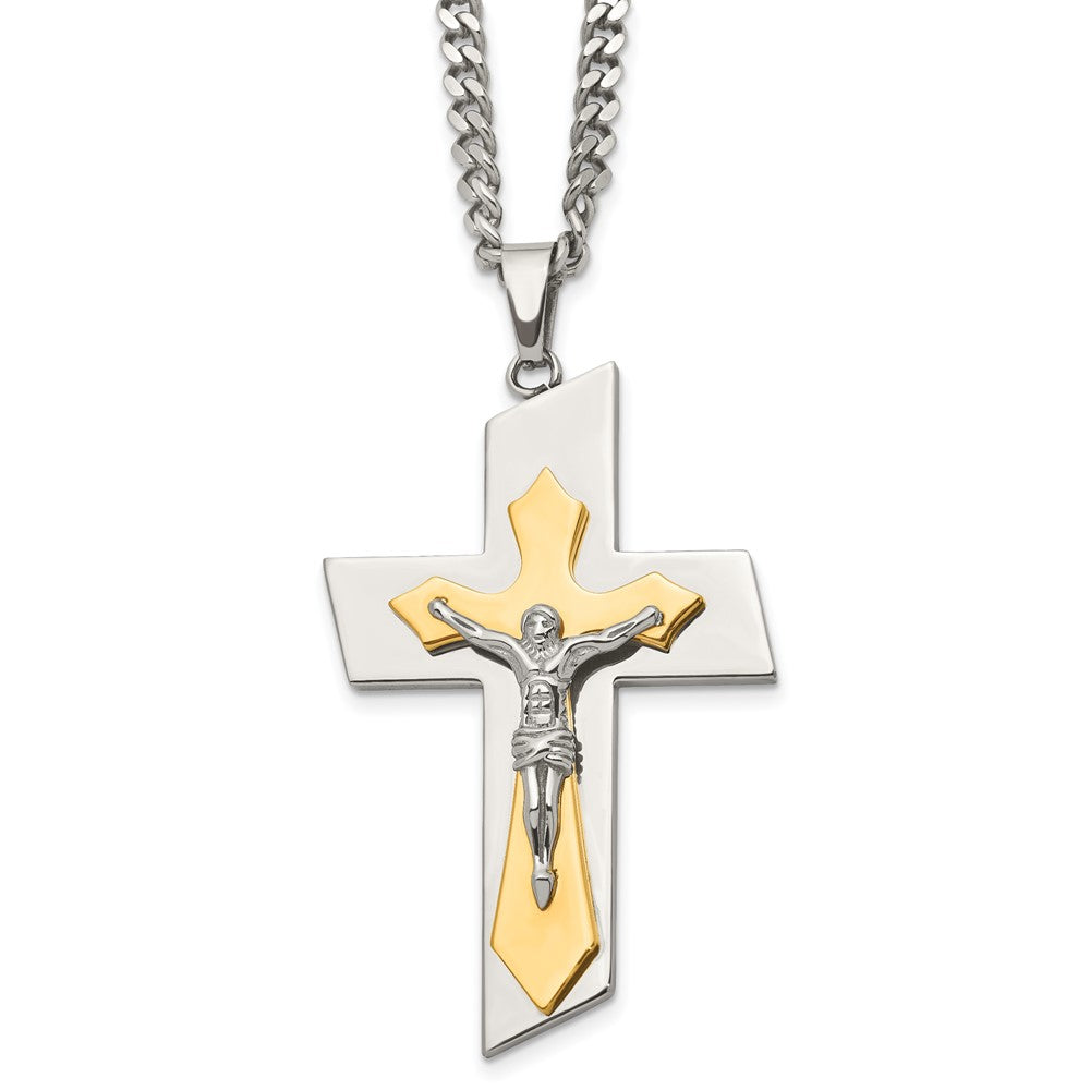 Stainless Steel Brushed & Polished Yellow IP Crucifix 24in Necklace