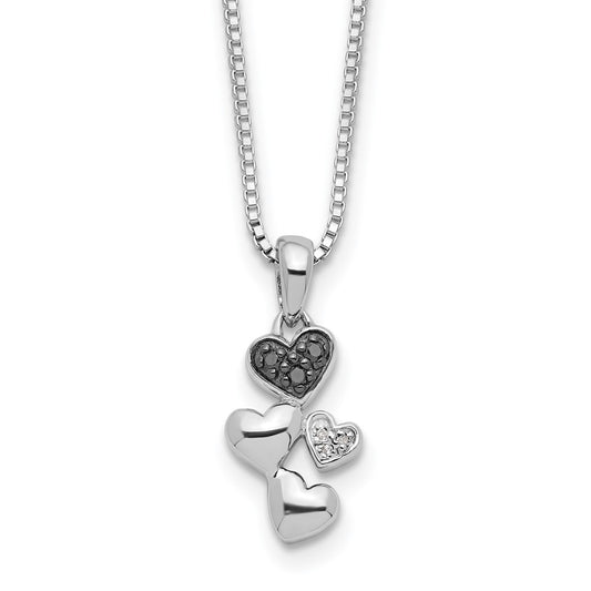 White Night Sterling Silver Rhodium-plated White and Black Diamond Heart 18 Inch Necklace with 2 Inch Extender 18 Inches