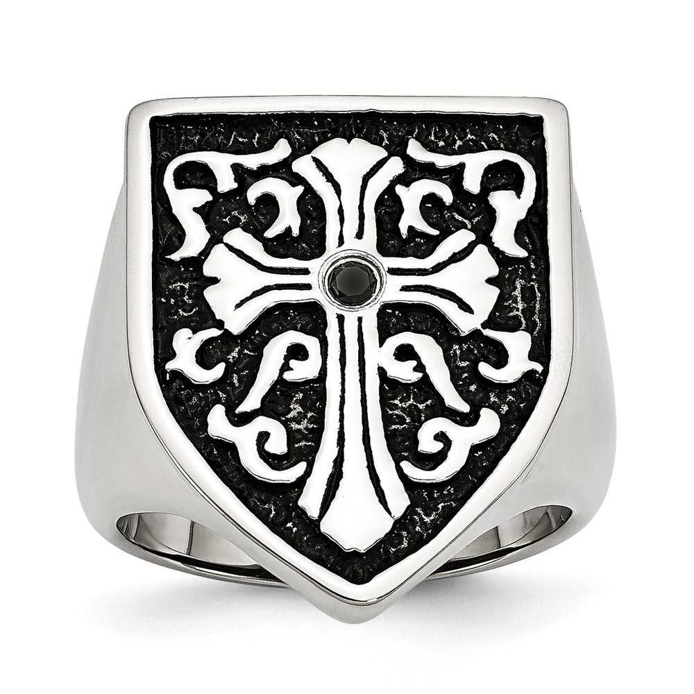 Stainless Steel Antiqued & Polished 1/20ct Black Diamond Shield Ring Size - 11