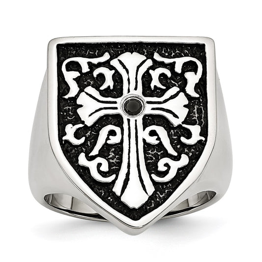 Stainless Steel Antiqued & Polished 1/20ct Black Diamond Shield Ring Size - 11
