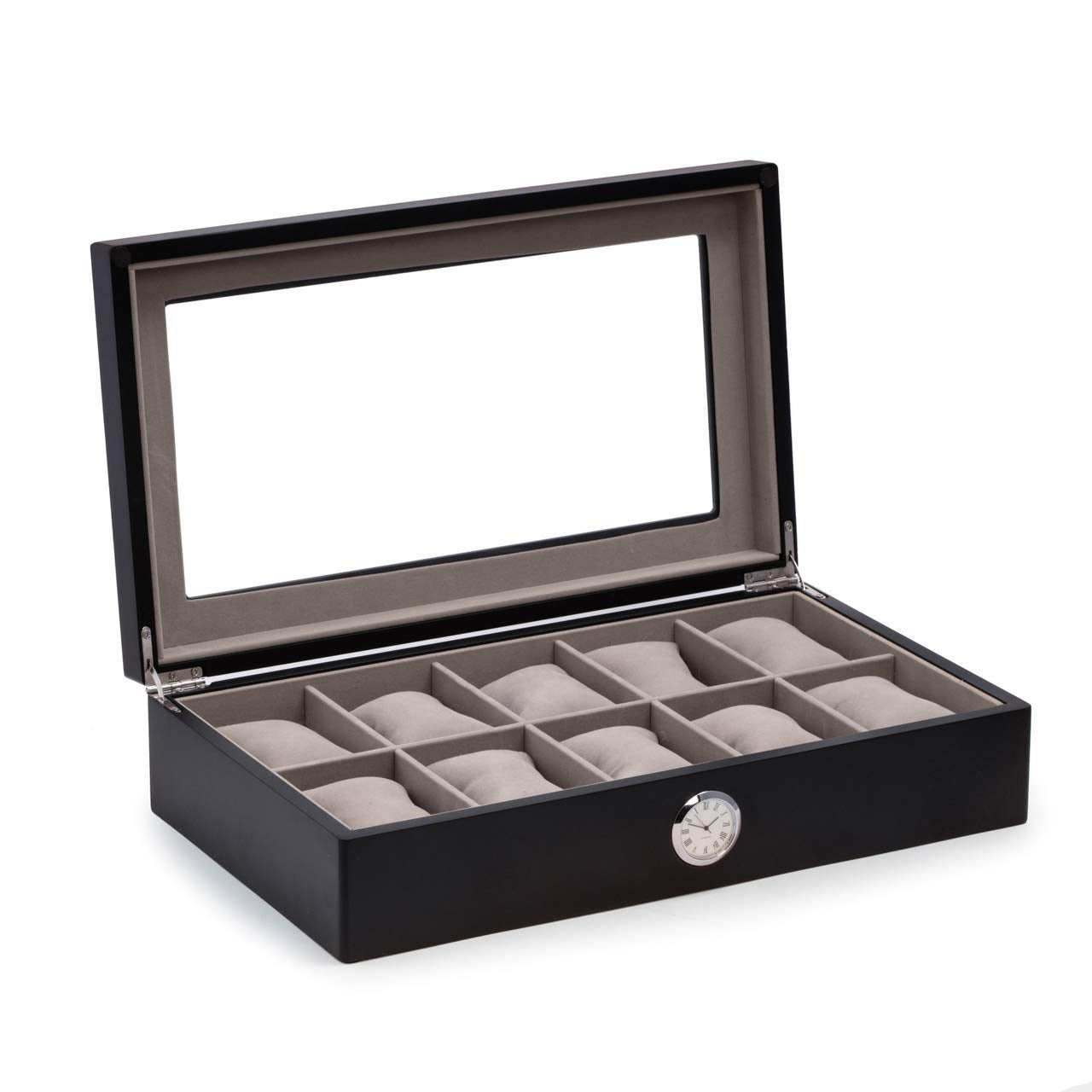 Bey Berk Black Wood Ten Watch Box w/ Quartz Movement Clock