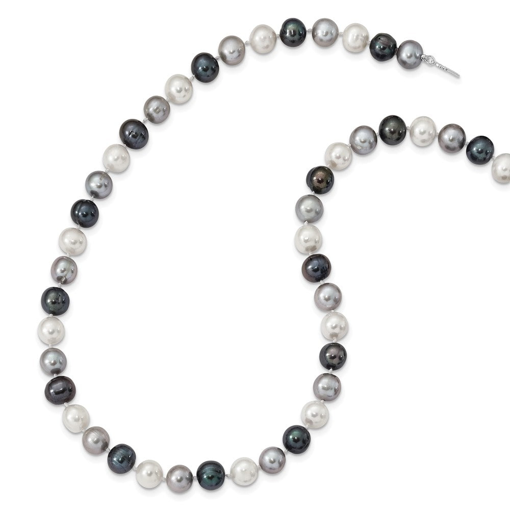 Sterling Silver Rhodium-plated 8-9mm Black, Green and White Semi-Round Freshwater Cultured Pearl 18 inch Necklace 18 Inches