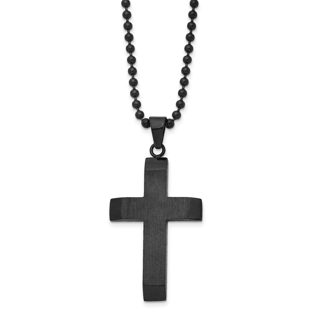 Stainless Steel Brushed & Polished Black IP-plated Cross 24in Necklace