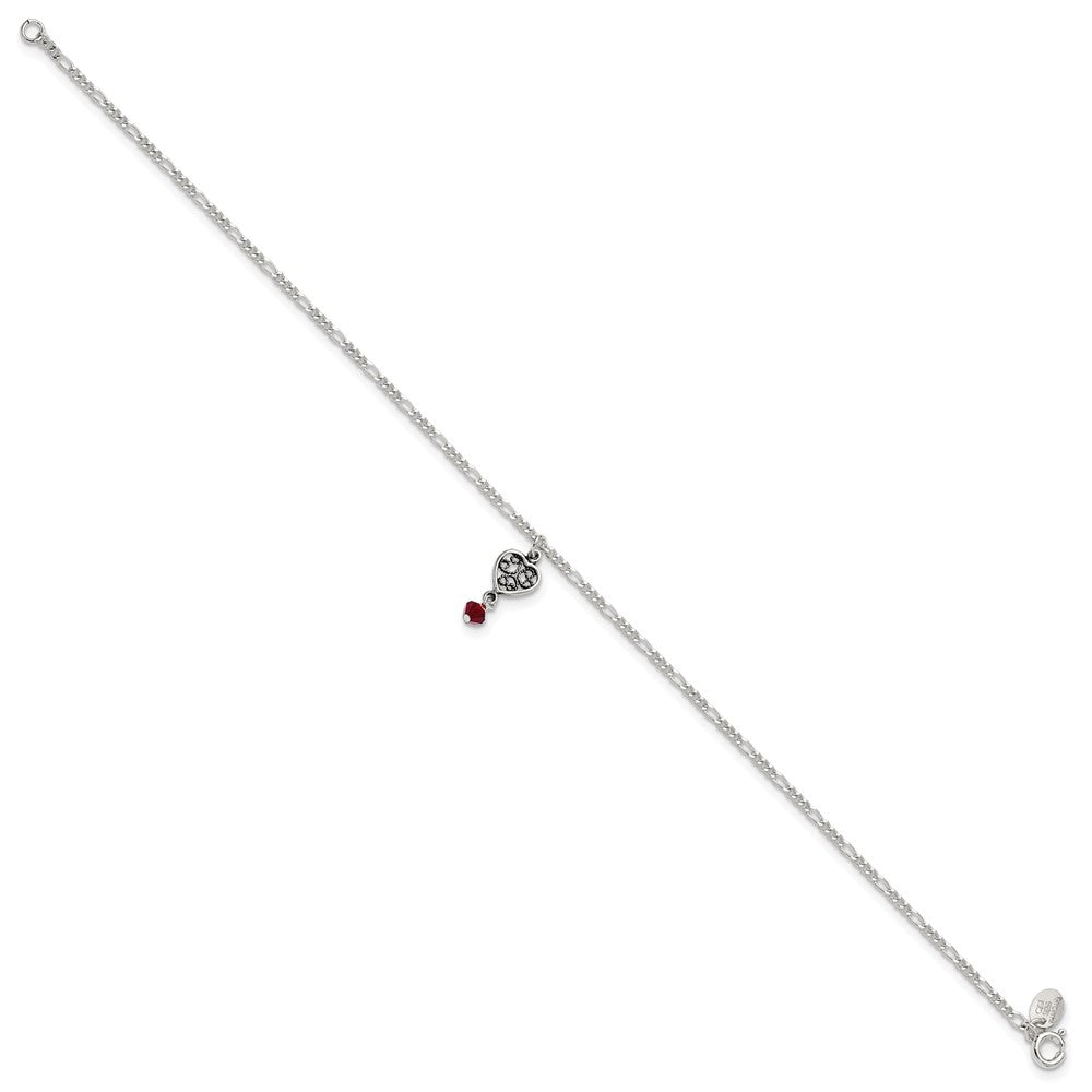 Sterling Silver Dark Pink Crystal Dangling Antiqued Heart 10 inch Anklet 10 inches
