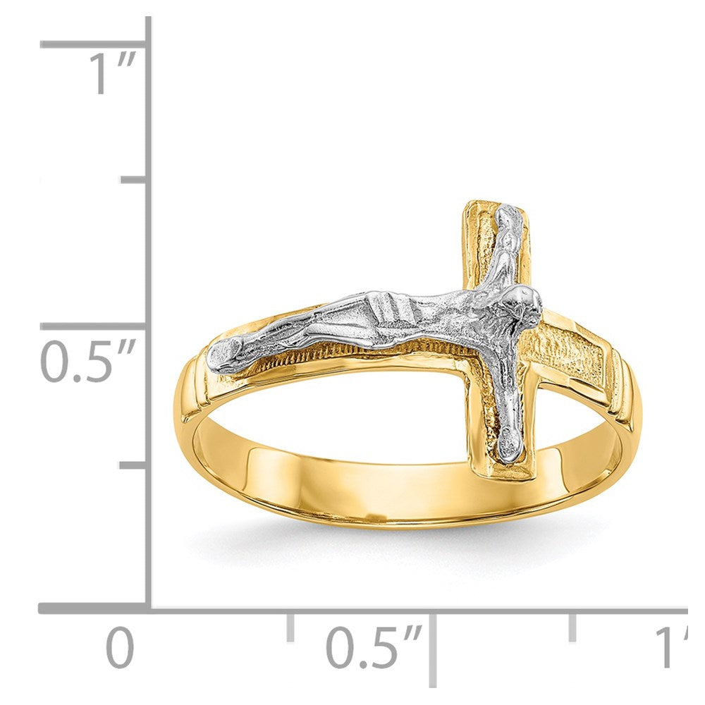 14K Two-Tone Polished Diamond-Cut Mens Crucifix Ring Size 9
