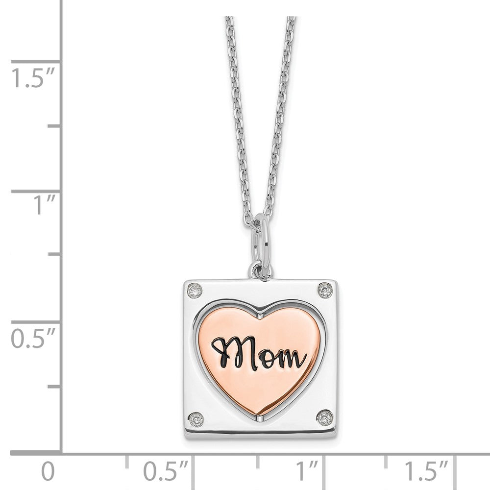 Sterling Silver RH-plated Rose-tone MOM/LOVE Heart Center Spins CZ w/2in ex 16 Inches