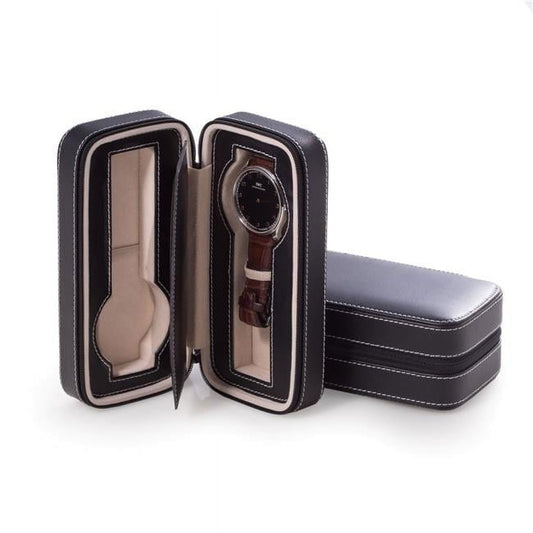 Bey-Berk International BB591BLK Black Leather Two Watch Travel Case with Form Fit Compartments