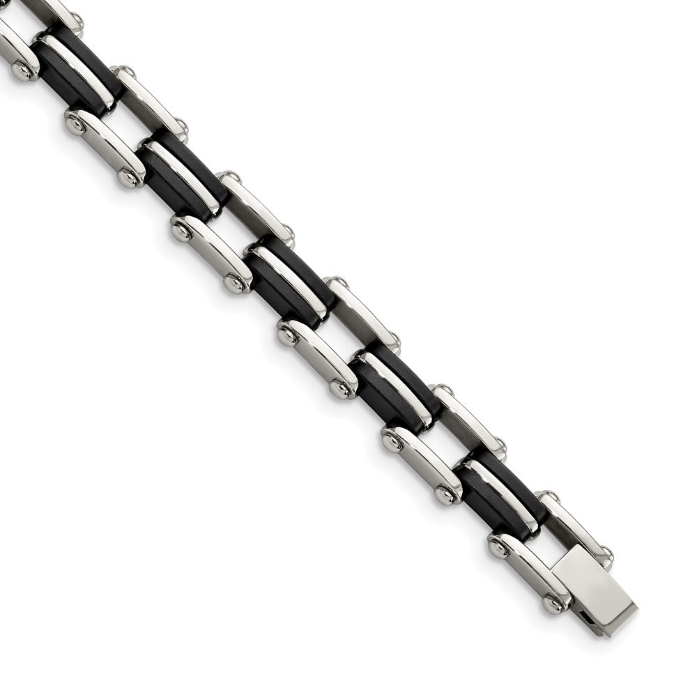 Stainless Steel Polished with Black Rubber 8.75in Bracelet 8.75 inches