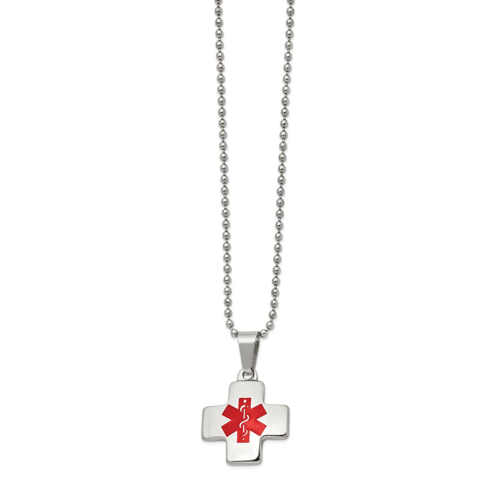 Stainless Steel Polished w/Red Enamel Cross Medical ID 20in Necklace