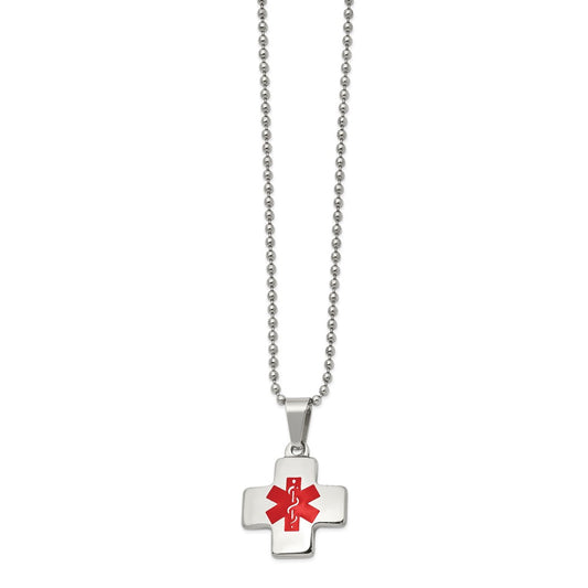 Stainless Steel Polished w/Red Enamel Cross Medical ID 20in Necklace