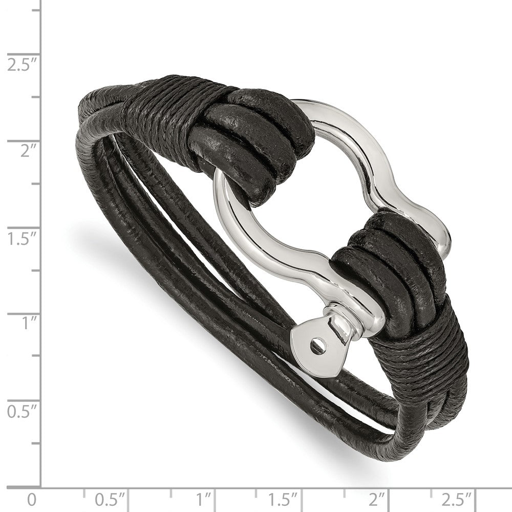 Stainless Steel Polished Black Leather Multi Strand 8.5in Shackle Bracelet 8.5 inches