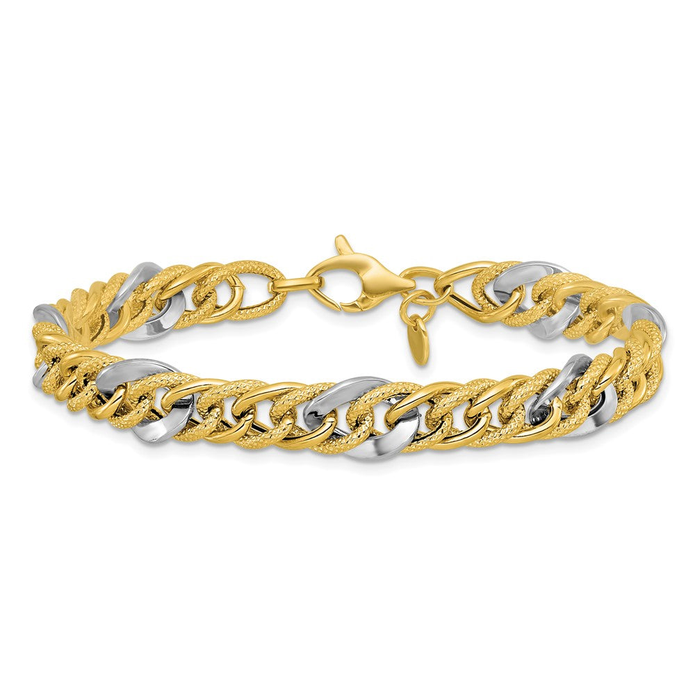14K Two-tone Polished and Textured Fancy Link Bracelet 7.5  inches