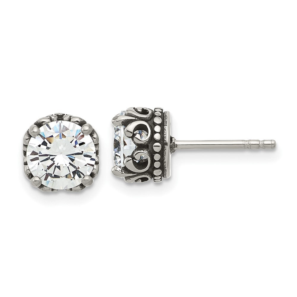 Chisel Stainless Steel Antiqued and Polished CZ Post Earrings