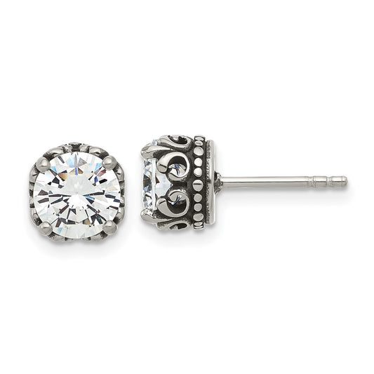 Chisel Stainless Steel Antiqued and Polished CZ Post Earrings