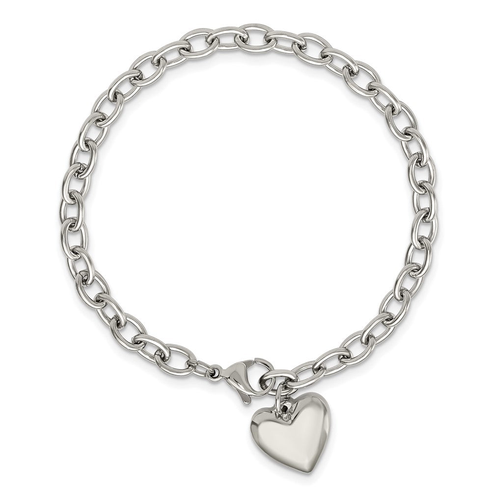 Stainless Steel Polished Open Link with Heart Dangle 8.5 inch Bracelet 8.5 inches
