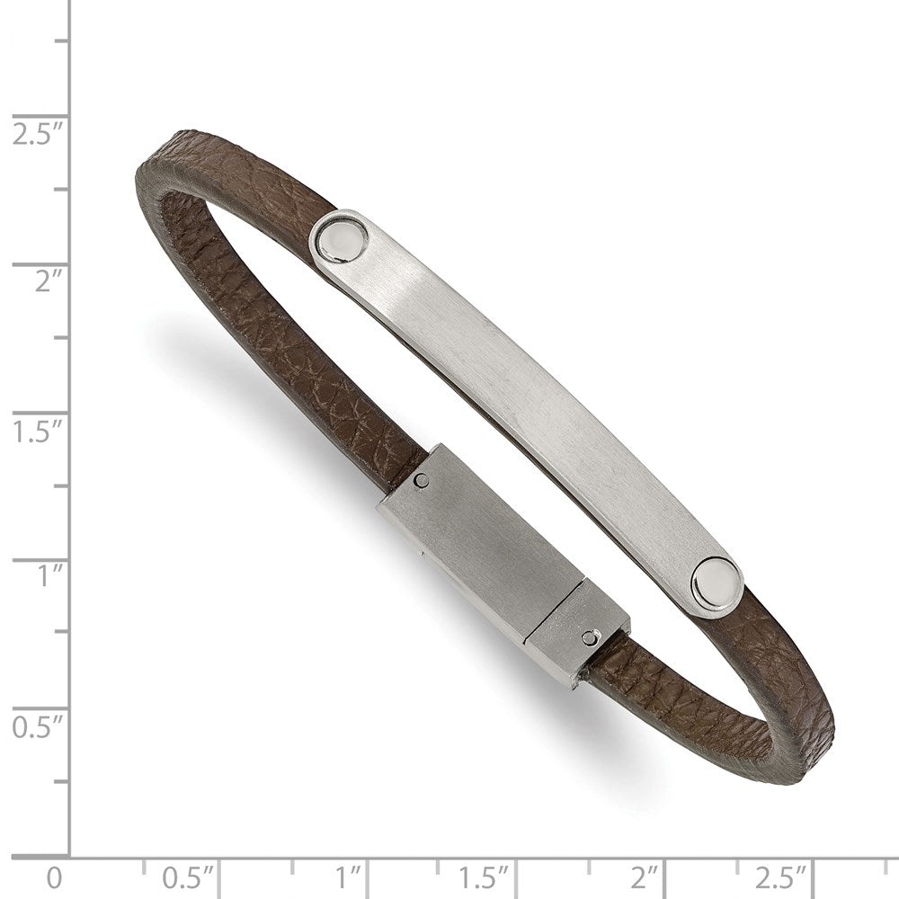 Stainless Steel Brushed Brown Leather 8.25in ID Bracelet 8.25 inches