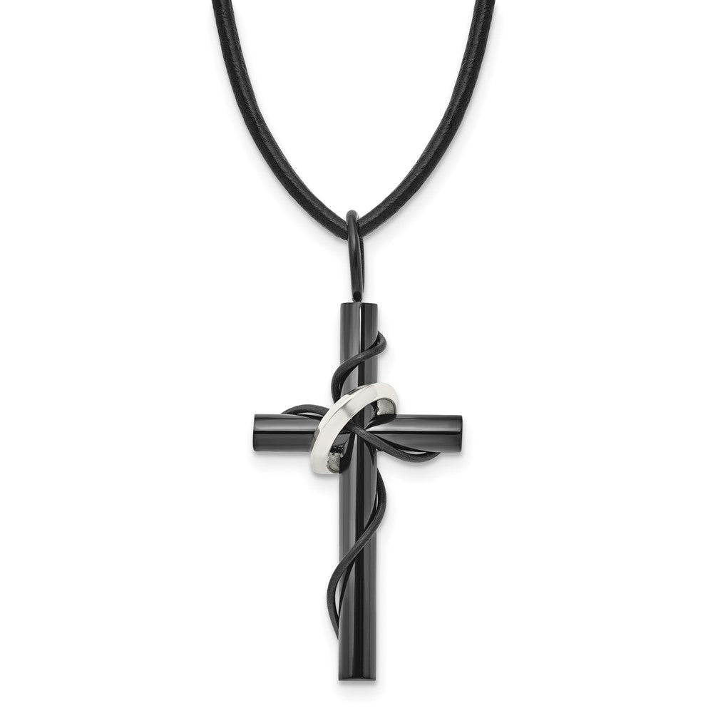 Stainless Steel Polished Black IP-plated Cross 20in Leather Cord Necklace