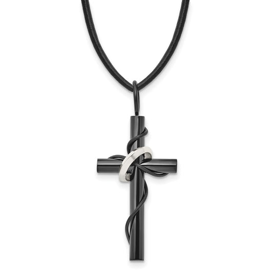 Stainless Steel Polished Black IP-plated Cross 20in Leather Cord Necklace