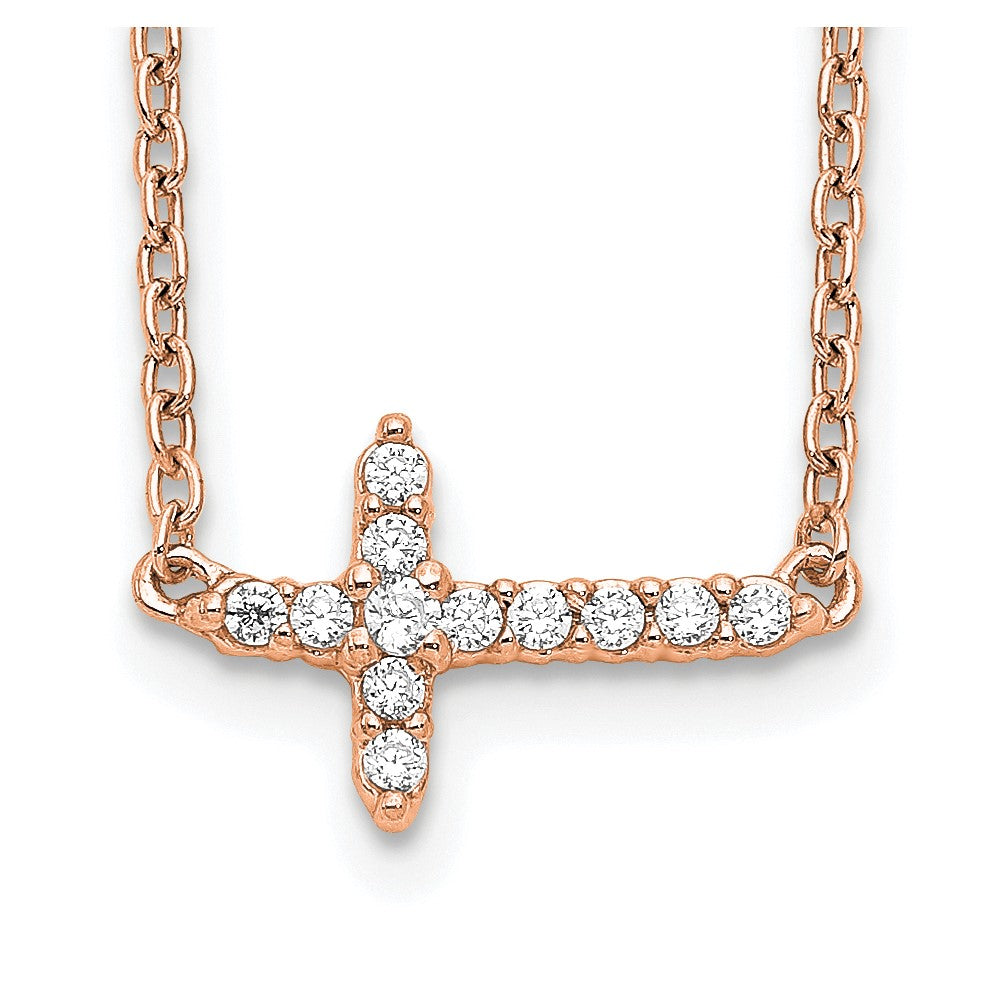 14k Rose Gold Diamond Sideways Cross 18in Necklace