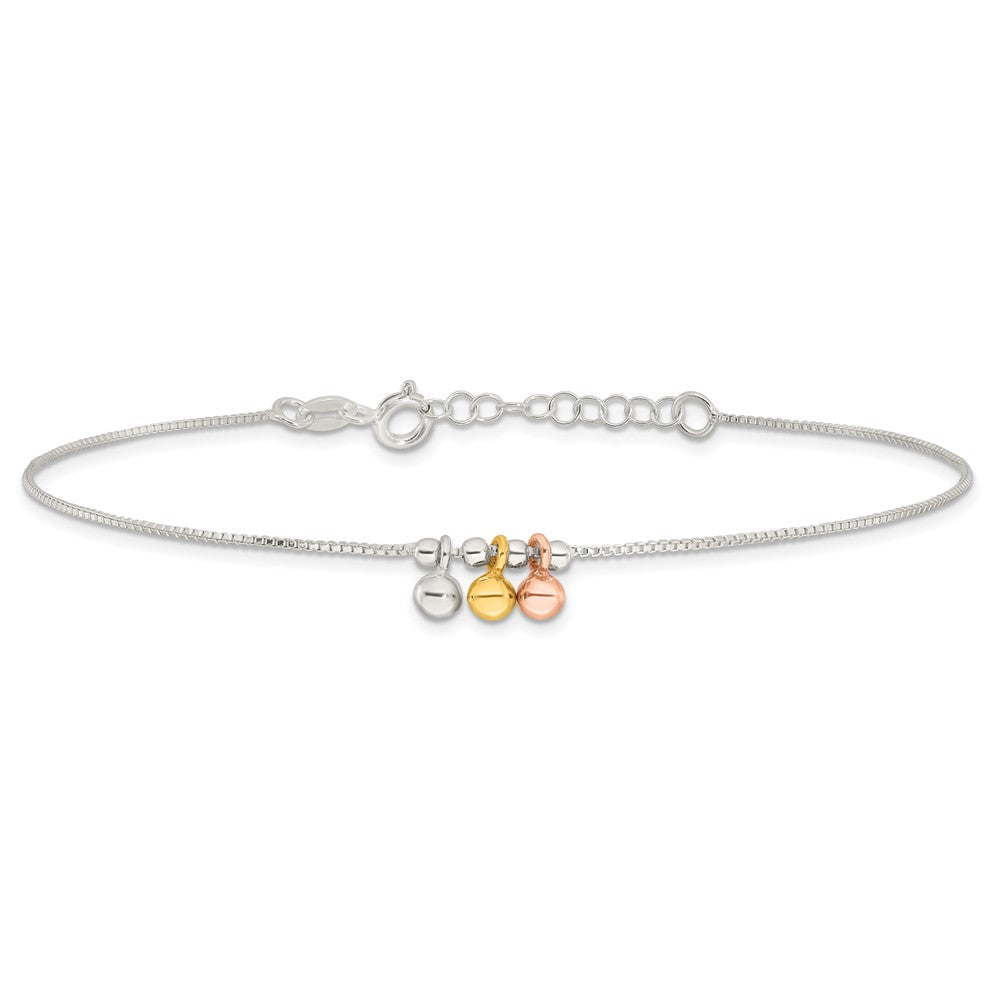 Sterling Silver with Rose and Gold-Tone Dangle Beads 9in Plus 1in ext Ankle 9 inches