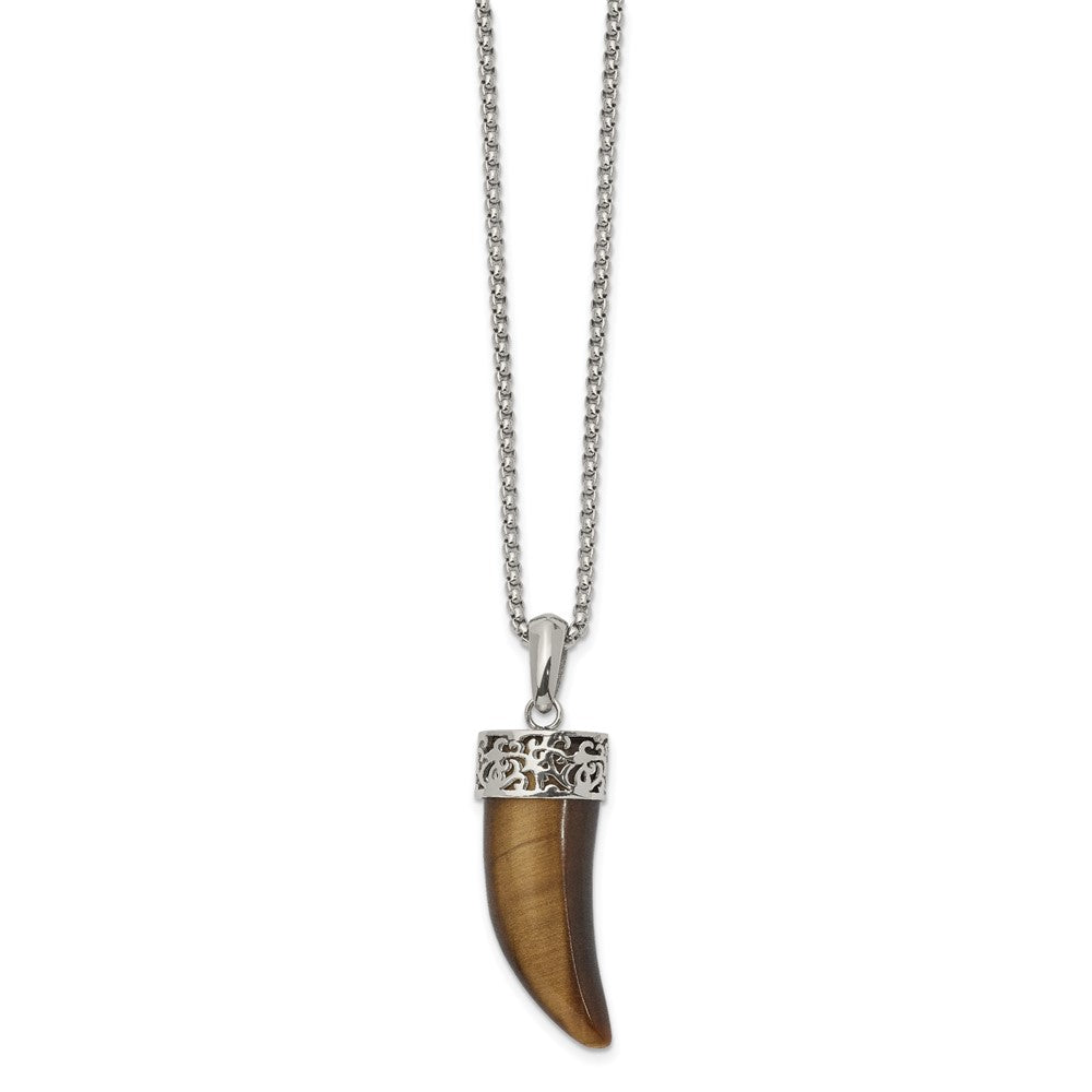 Stainless Steel Polished Tiger's Eye Horn 24in Necklace