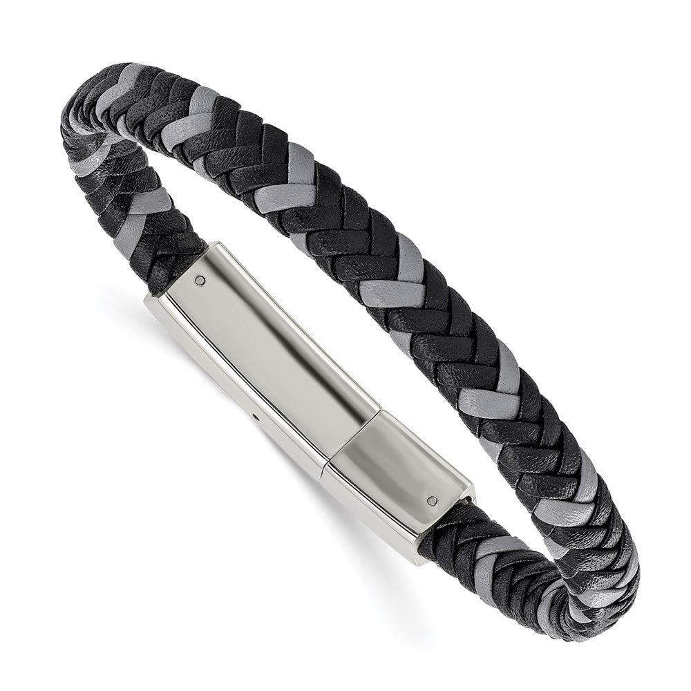 Stainless Steel Polished Black and Grey Braided Leather 8in Bracelet 8 inches