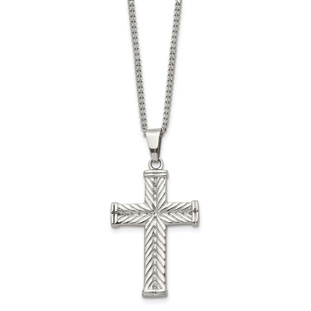 Stainless Steel Polished and Textured Cross 22in Necklace