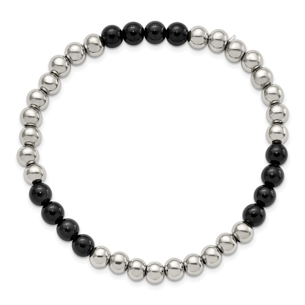 Stainless Steel Polished Black Onyx Beaded Stretch Bracelet 7.25 inches