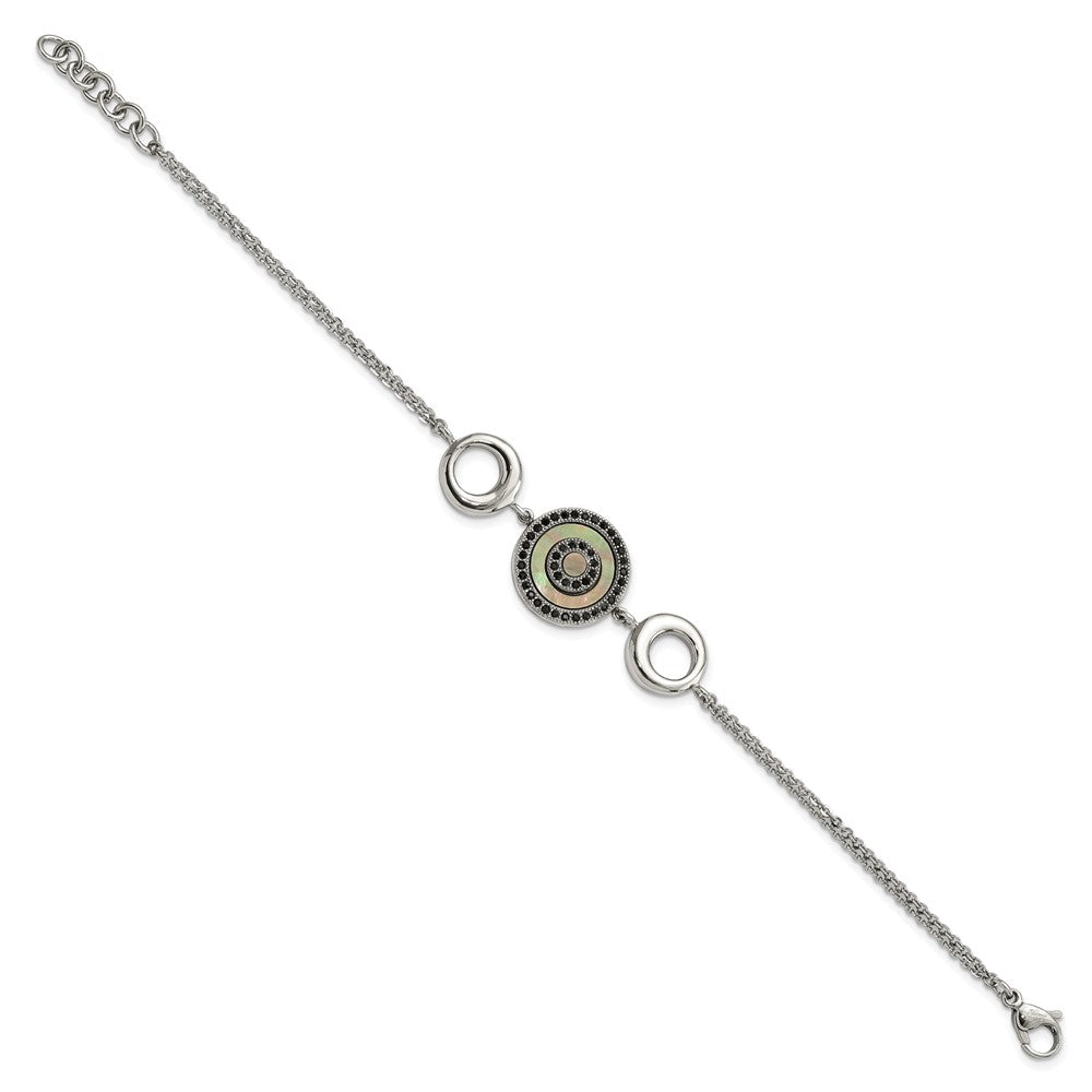 Stainless Steel Polished Black MOP & Crystal w/.5in ext Bracelet