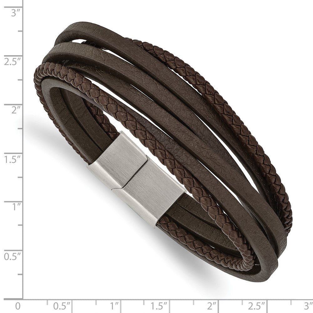 Stainless Steel Brushed Brown Leather Multi Strand 8in Bracelet 8 inches