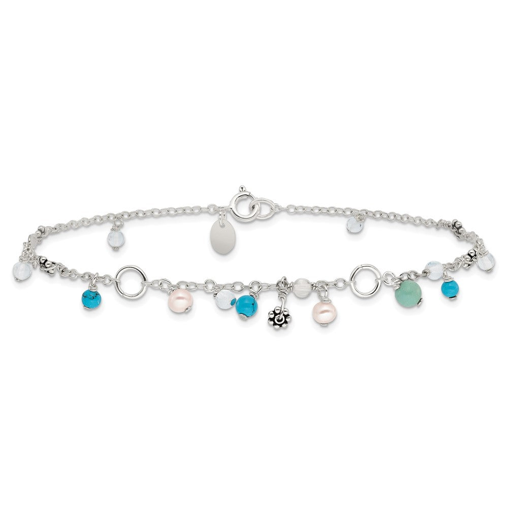 Sterling Silver Turquoise/Clear Bead/FW Cultured Pearl Anklet 9 inches