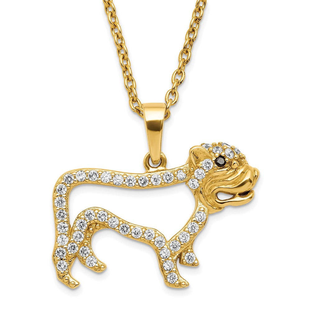 Sterling Silver Gold Plated White Cz Bull Dog Pendant Necklace