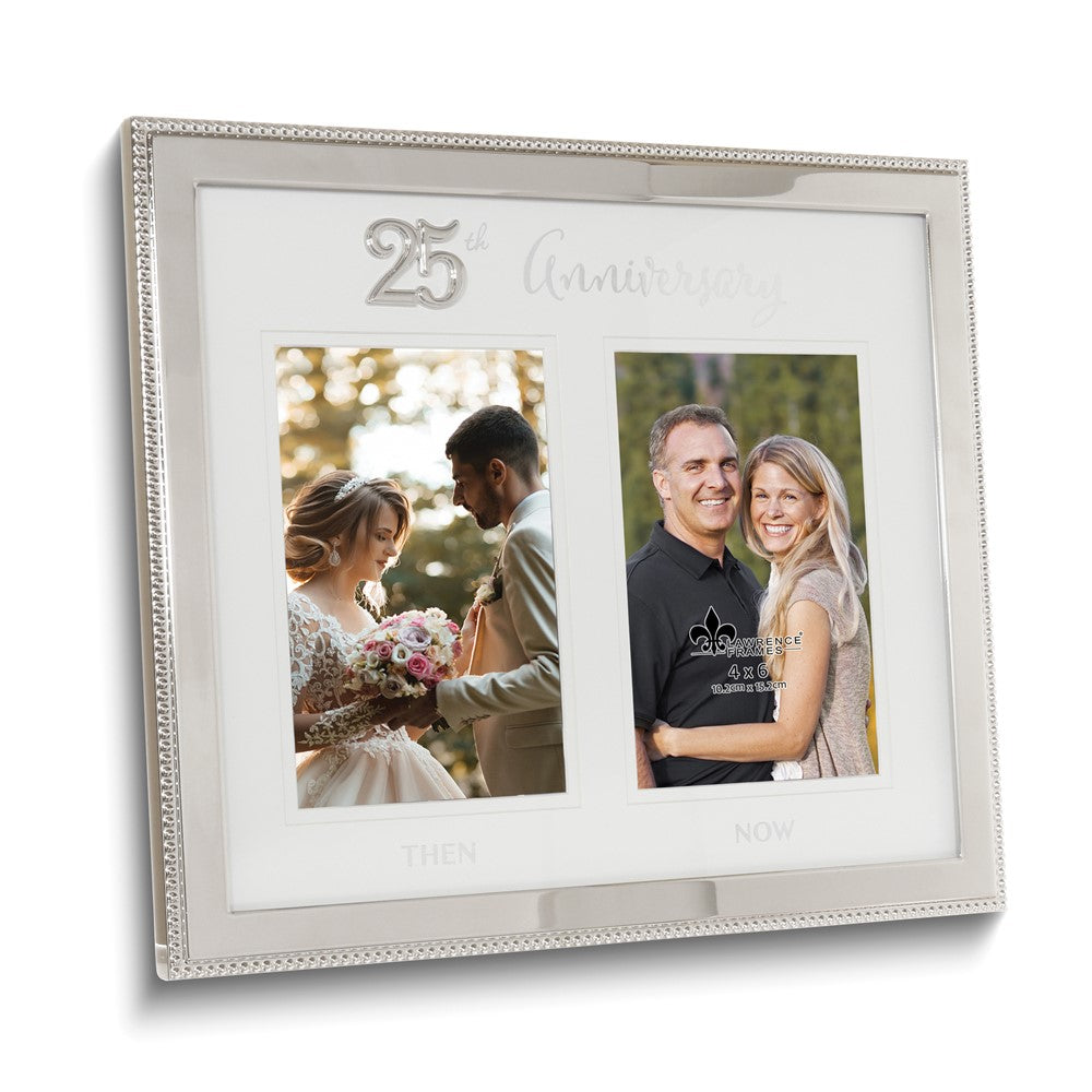 Silver-tone Beaded Then and Now 25th Anniversary Double 4x6 Photo Frame
