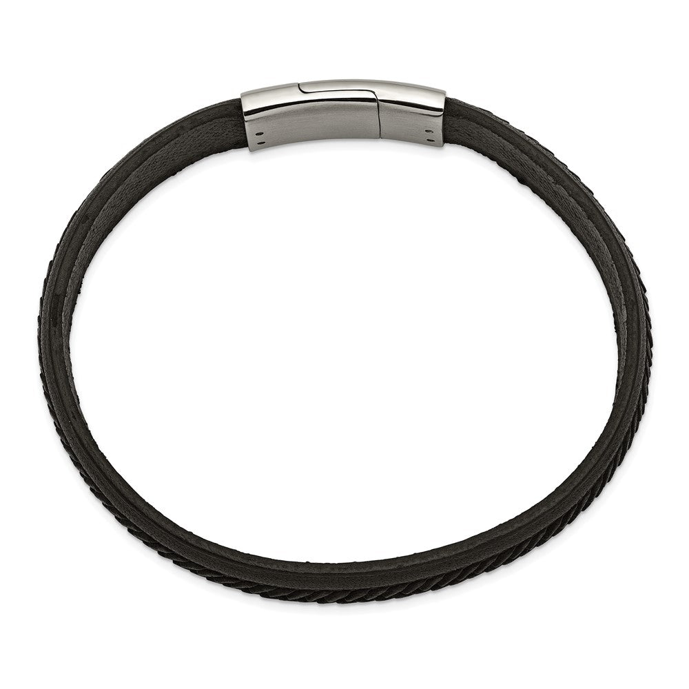Stainless Steel Polished Black Italian Leather 8.75in Bracelet 8.75 inches