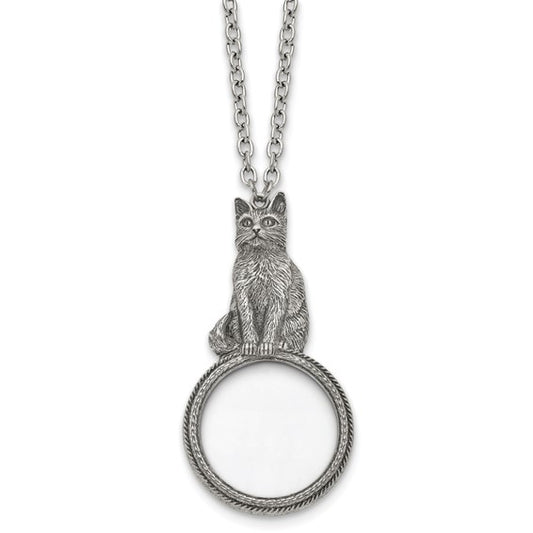 1928 Jewelry Silver-tone Cat Handle 2-3X Magnifying Glass 30 inch Necklace
