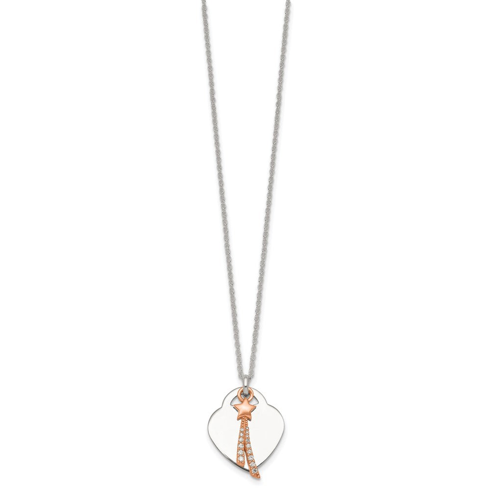 Sterling Silver Rose-tone Polished CZ Shooting Star and Heart Necklace 16 Inches