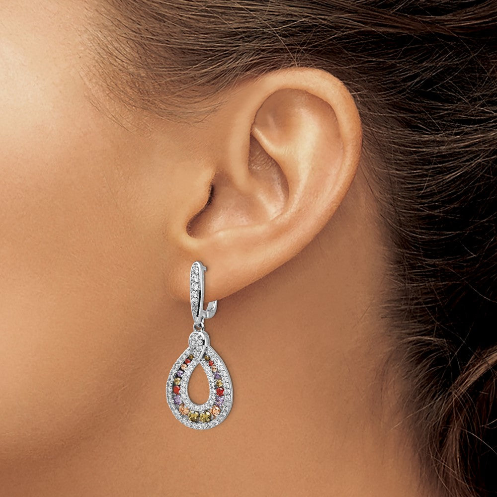 Cheryl M Sterling Silver Rhodium-plated Multi-color Brilliant-cut CZ Teardrop Hinged Post Dangle Earrings