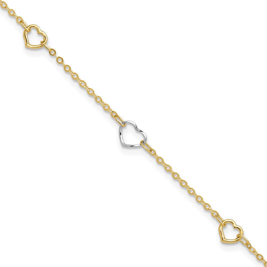 14K Two-tone Polished Heart 9in Plus 1in ext Anklet
