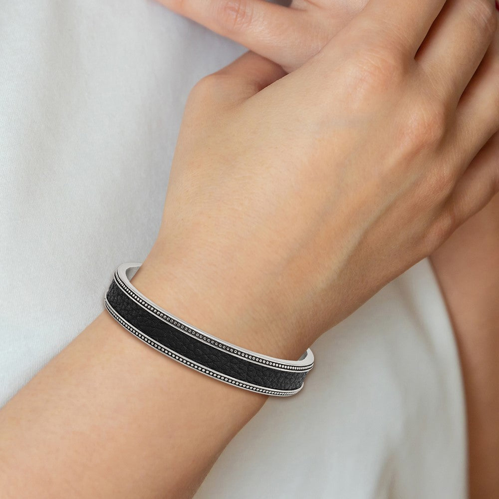 Stainless Steel Antiqued & Polished w/Textured Leather Inlay 12mm Bangle 7.25 inches