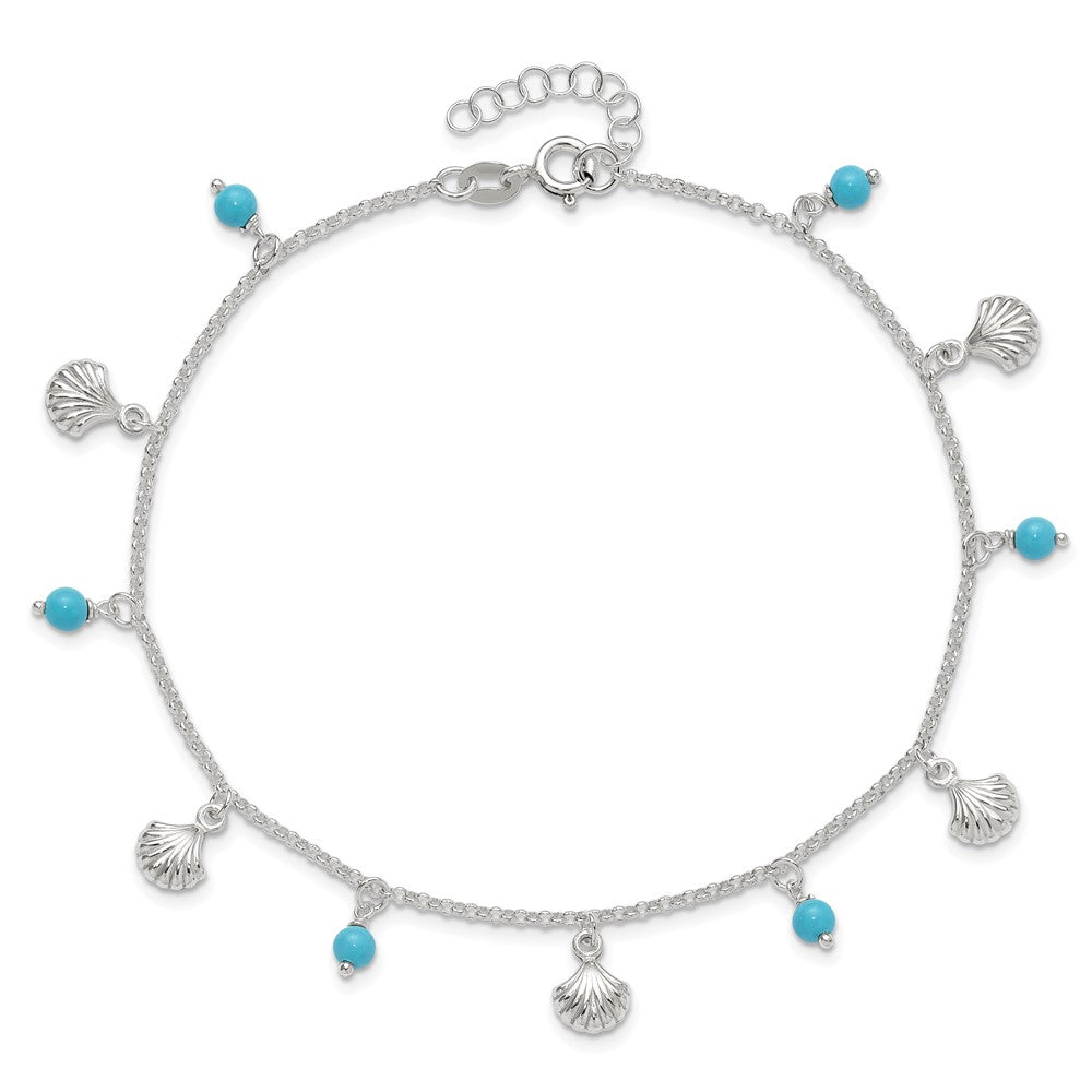 Sterling Silver Polished Shell and Turquoise 9in Plus 1in Ext. Anklet 9 inches